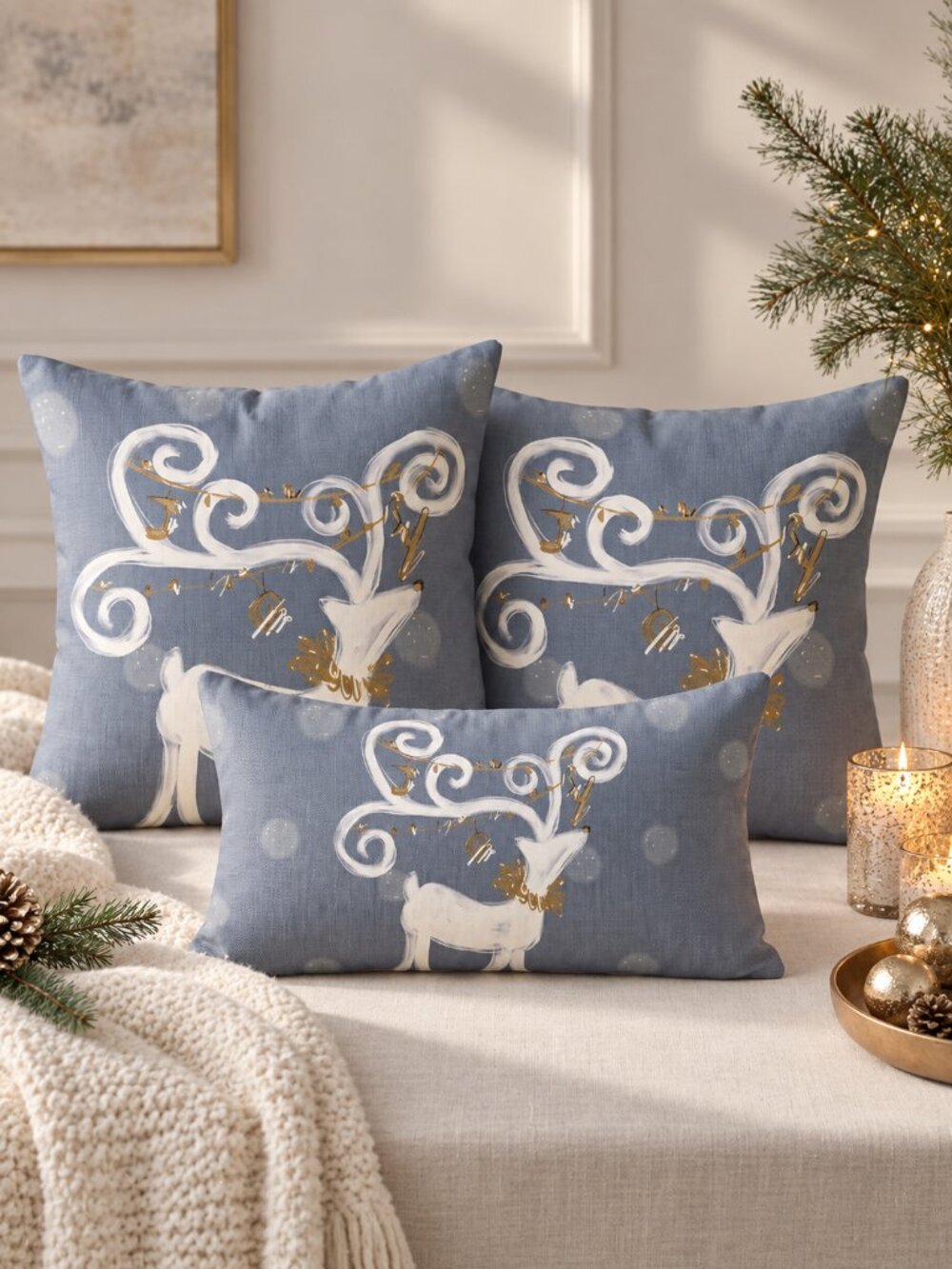 Christmas Throw Pillow Cover Set of 3 Whimsical Reindeer Gray Gold 18x18 Lumbar